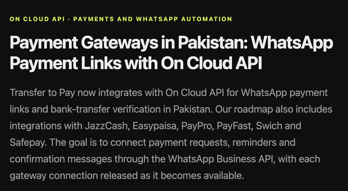 Payment Gateways in Pakistan: WhatsApp Payment Links with On Cloud API