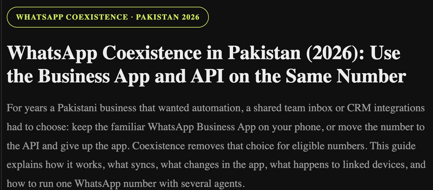 WhatsApp Coexistence in Pakistan (2026): Use the Business App and API on the Same Number