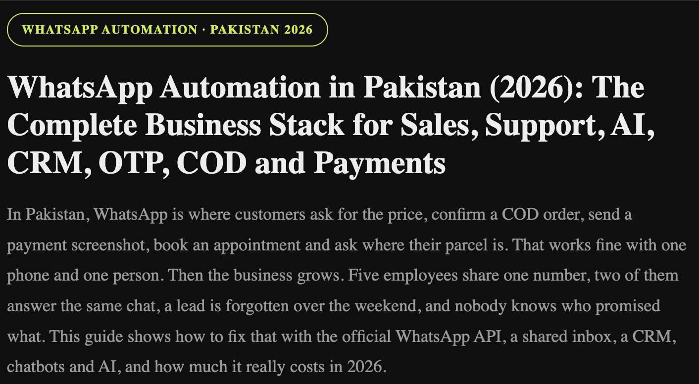 WhatsApp Automation in Pakistan (2026): Stack for Sales, Support, AI, CRM, OTP, COD and Payments