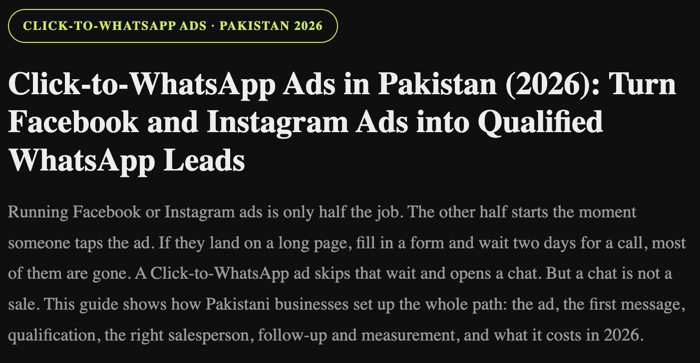 Click-to-WhatsApp Ads in Pakistan (2026): Turn Facebook and Instagram Ads into Qualified WhatsApp Leads