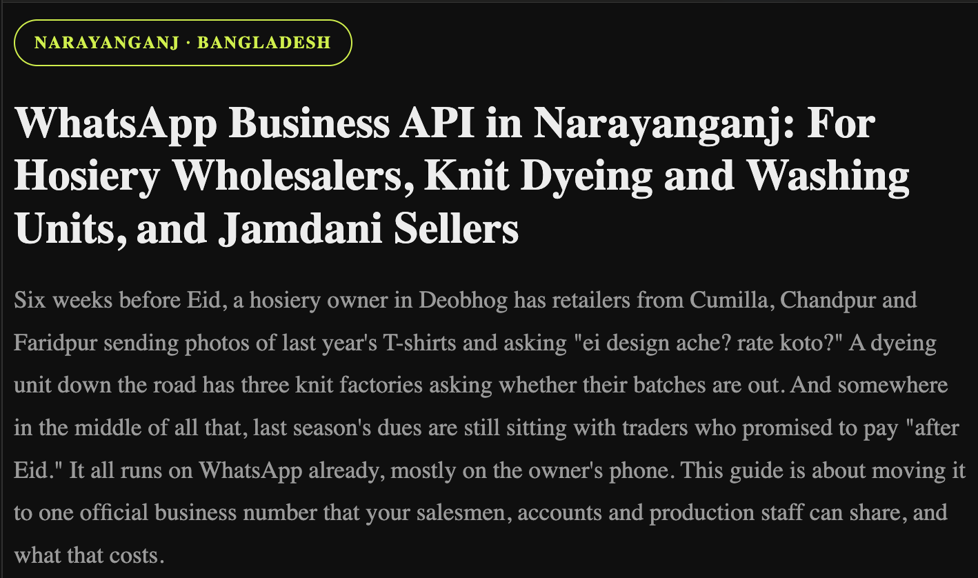 WhatsApp Business API in Narayanganj: For Hosiery Wholesalers, Knit Dyeing and Washing Units, and Jamdani Sellers
