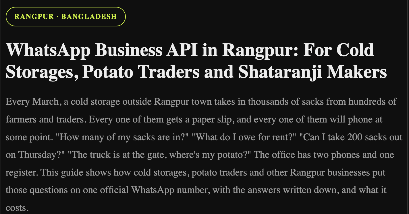 WhatsApp Business API in Rangpur: For Cold Storages, Potato Traders and Shataranji Makers